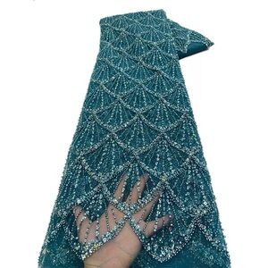 Elegant Beaded Fabric in Teal